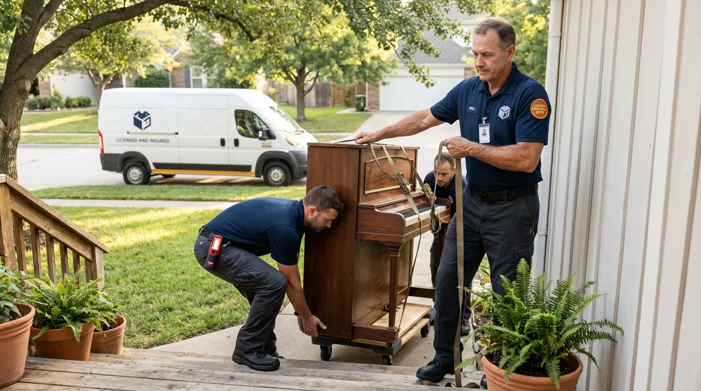 Licensed piano movers securing grand piano in Camp Hill, PA