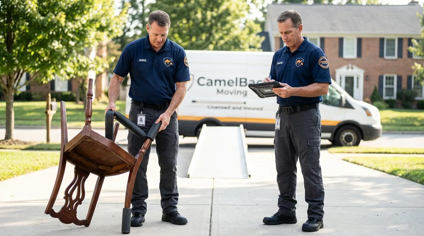 Movers inspecting furniture for damage prevention before loading in Camp Hill, PA