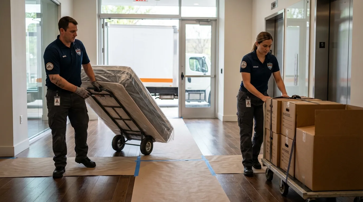 Professional apartment movers loading elevator in Camp Hill, PA